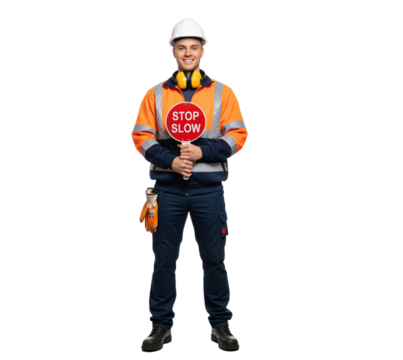 Traffic control officer with stop slow sign used in roadwork safety training materials for highway maintenance briefing slides, driver awareness campaigns or government infrastructure communication