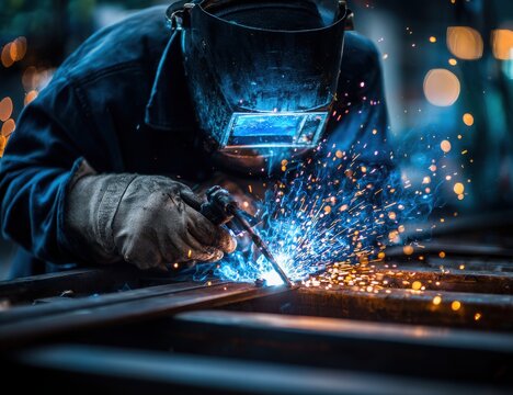 A man is welding metal with a bright blue flame