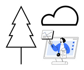 Digital learning concept. Digital tools enhance online presentations for education and data sharing. Digital innovation connects nature, cloud storage, and remote learning. Perfect for e-learning
