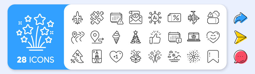 Fototapeta premium Road, Puzzle and Notification line icons. Interest rate, AI generate, Inflation icons. Pack of Gift, Ice cream, Crane claw machine icon. Love letter, Journey, Fishing reel pictogram. Vector