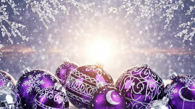 A Beautiful Display of Purple Christmas Ornaments on a Snowy Surface with Glittering Snowflakes and Soft Light in the Background, Perfect for Holiday Decor Inspiration