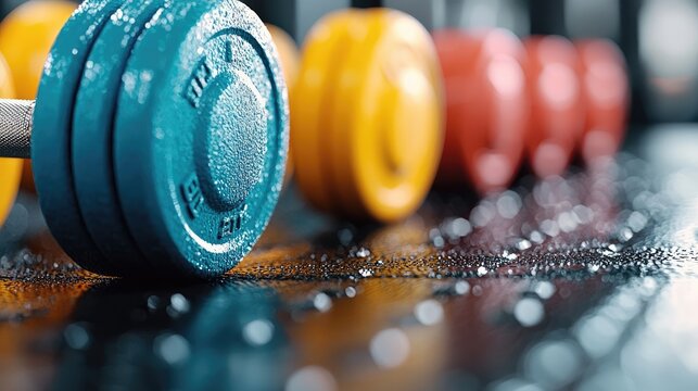 Colorful Weight Plates Coated in White Dust on a Reflective Surface at a Gym with Dramatic Lighting - Powered by Adobe