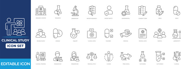 Clinical study icon set featuring research, diagnosis, patient, research, analysis, test, monitoring, trial, diagnostics, trial workflow, and healthcare analysis symbols.