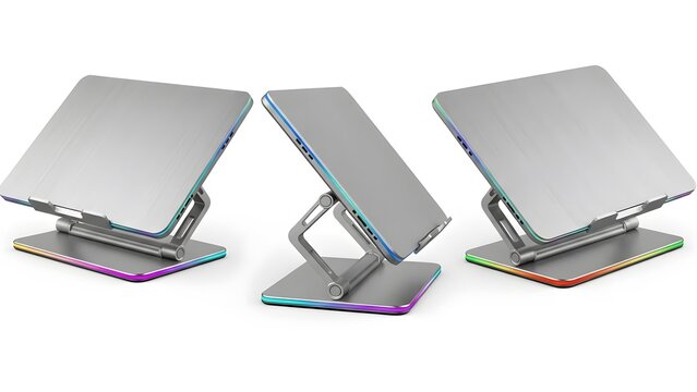 Elevated Productivity Station: A modern laptop stand showcasing sleek design, angled for ergonomic use, enhancing comfort and efficiency for focused work sessions.