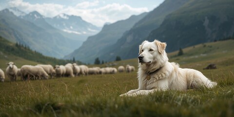Shepherd dog resting on a meadow while guarding the herd, emphasizing animal safety and security, World Animal Day