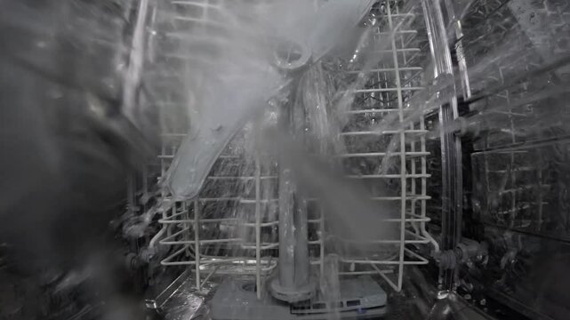 A close up of a dishwasher with a silver rack inside. The dishwasher is in the process of cleaning dishes