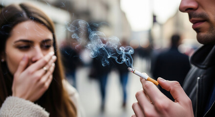 Harm from passive smoking. Young woman covers her nose with her hand because a man smokes next to her on the street, focus on the cigarette, woman is blurred.
