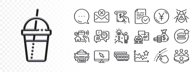 Yen money, Ranking stars and Software bug line icons for web app. Glare of light effect. Message icon. Pack of Coins bag, Time management, Atm service pictogram icons. Vector