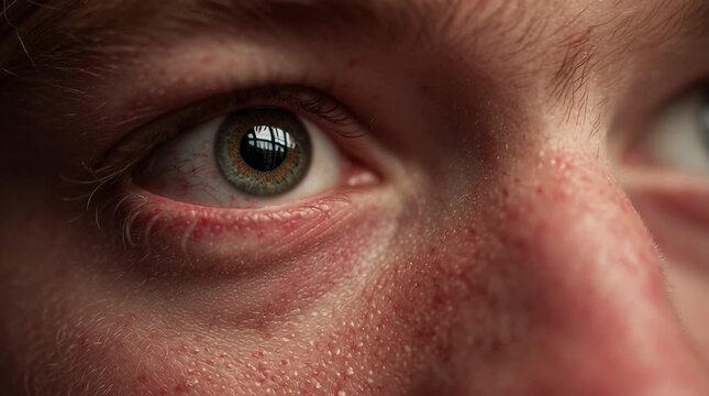 Detailed close view of human eye with long lashes slowly blinking in warm light showing natural skin texture calm gaze and delicate moment of mindfulness and inner presence