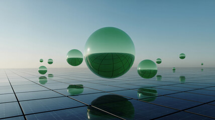 Reflective Spheres with Green Landscape Halves Floating Over Solar Panels abstract clean