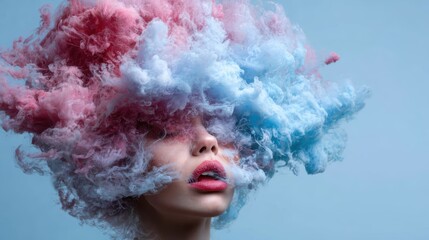 A surreal, dreamlike image of a figure obscured by vibrant pink and blue smoke, representing abstraction and the ethereal nature of thoughts and emotions in a visually striking manner.