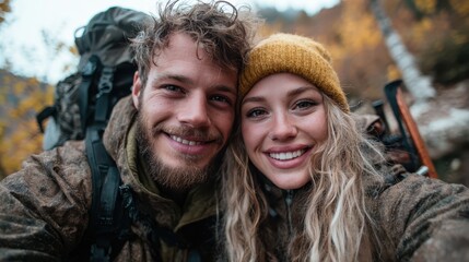 A joyful young couple stands close together, smiling brightly against a backdrop of vibrant autumn leaves, capturing the essence of love and adventure in the great outdoors.