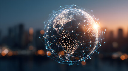 Global Connectivity: A luminous globe of Earth, illuminated with intricate lines of network, positioned against the background of a modern skyline at dusk.