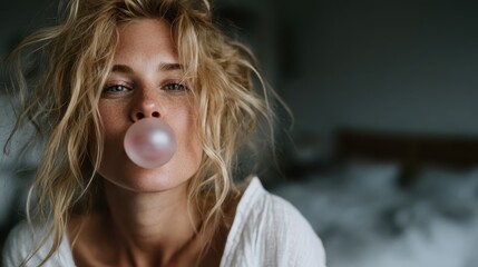 A stylish young woman with tousled hair blows a pink bubblegum bubble, exuding confidence and a laid-back vibe in a softly lit artistic background.