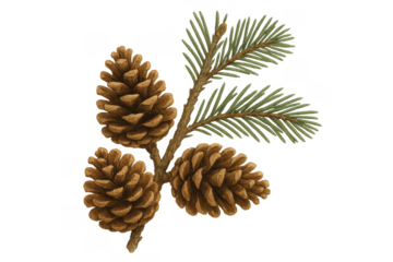 Pine cones and evergreen branch on transparent background