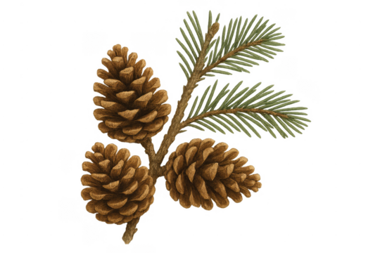 Pine cones and evergreen branch on transparent background