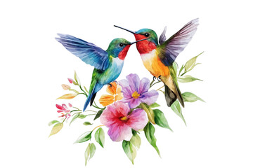 Hummingbirds and Floral Watercolor Vector PNG Cutout Isolated on Transparent Background