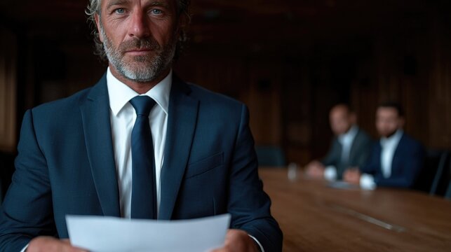 A confident man in a suit holds a document in a modern boardroom, embodying determination and professionalism as he presents to his colleagues in the meeting.