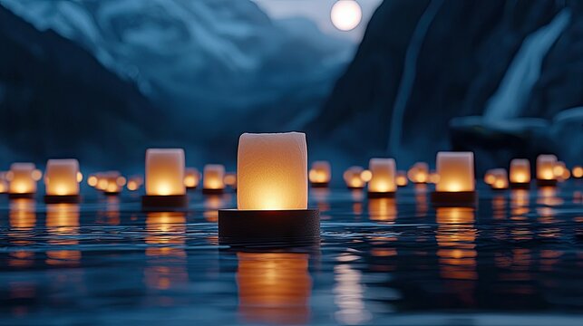 A serene night scene with glowing candles floating on water, a full moon in the sky, and a blurred mountain backdrop.