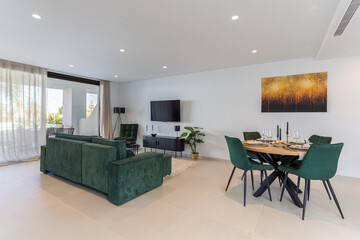 Minimalist living and dining room with green furniture and access to outdoor terrace space