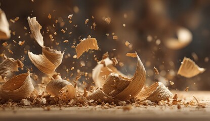 A pile of wood shavings is scattered across a wooden surface