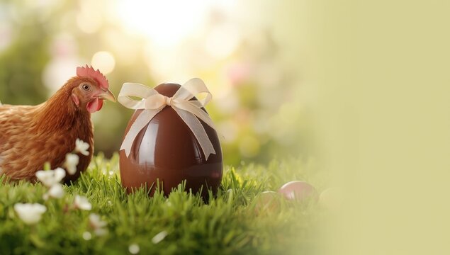 Easter chicken with decorated egg and ribbon, festive holiday dessert, seasonal celebration - Powered by Adobe