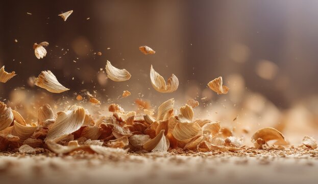 A pile of wood shavings is scattered across a table
