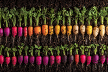 Freshly harvested rainbow carrots in rich soil, offering vibrant colors and organic goodness for healthy eating and farm-to-table lifestyle campaigns