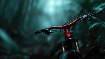 Fototapeta premium A close-up shot of a stunning red mountain bike's handlebars set against a misty forest backdrop, evoking feelings of adventure and the thrill of outdoor exploration.
