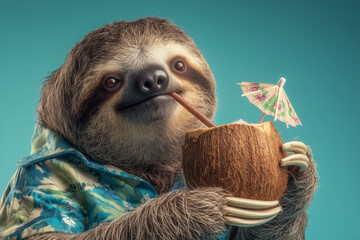Fototapeta premium Hilarious sloth sipping a tropical coconut drink wearing a Hawaiian shirt, perfect for summer fun and vacation vibes, adding a touch of whimsical humor!