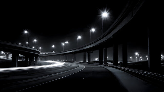 A calm overpass with faint white trails tracing slow arcs beneath structural beams in deep night stillness