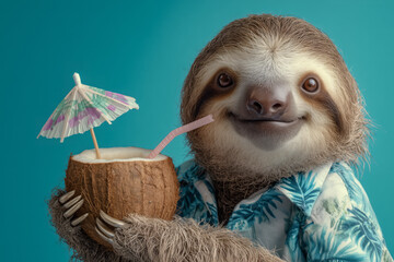 Fototapeta premium Relaxed sloth enjoying a refreshing coconut drink with a tiny umbrella, radiating tropical vibes and vacation happiness, perfect for summer promotions