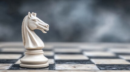 White knight chess piece elegantly positioned on a marble board, showcasing craftsmanship and strategic thinking in a competitive atmosphere