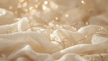 Soft cream fabric draped with twinkling golden fairy lights