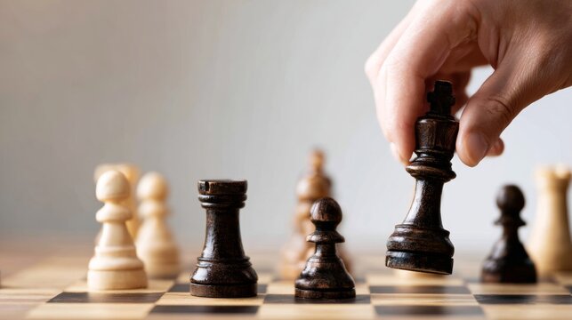 Polished wooden chess pieces in soft golden light as a hand moves a king, showcasing strategy and decision-making in a competitive game