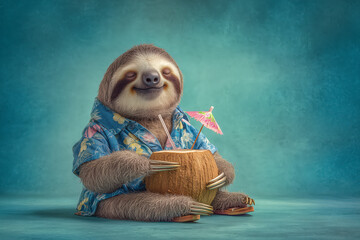 Fototapeta premium Adorable sloth enjoying a tropical vacation with a refreshing coconut drink and floral shirt feeling content and relaxed on a sunny day with a smile