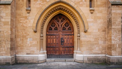 Fototapeta premium Wooden church door at historic stone church, emphasizing craftsmanship and preservation, World Heritage Day