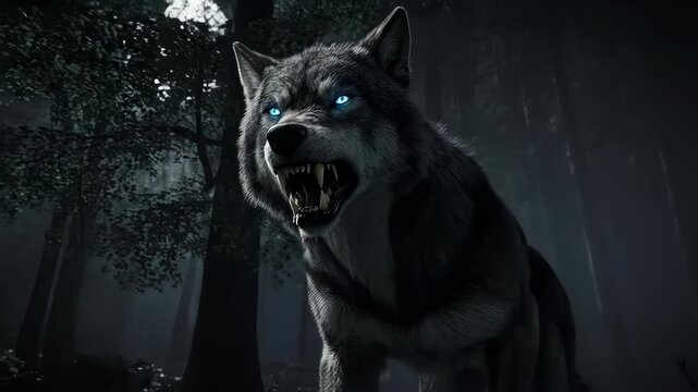 Fierce gray wolf with piercing blue eyes snarls in a dark, misty forest