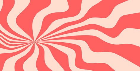 Twisted red candy pattern. Cream circus texture starburst background. Retro spiral sun rays backdrop. Vector wavy dynamic lines decoration. Carnival stripes vintage design.
