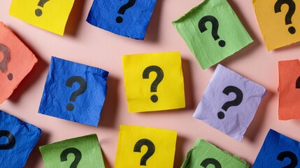 Colorful crushed paper reminders with question icons arranged symmetrically, creating a minimalist flat lay design for brainstorming and decision making