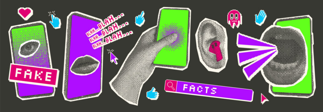 Fake news halftone and pixel art elements set. Hand, eye, mouth with phones and 8 bits faces. Collage with 8 bits pixel and cutouts. Retro icons collection. Vector stickers on dark background.