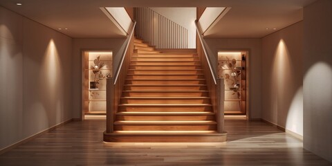 Modern brown wooden staircase with illuminated steps used as a stylish interior feature, emphasizing lighting design and craftsmanship