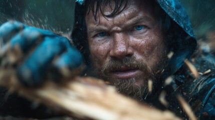 A rugged man, drenched in rain, focuses intently on chopping wood, revealing determination and resilience against nature's challenges in a striking wilderness setting.