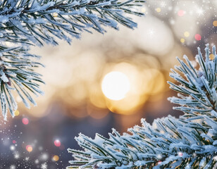 Snowy Pine Branches with Warm Sunlight and Soft Bokeh