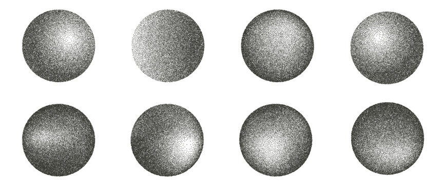 Grain noise vintage round forms set. Grunge dotwork gradient circles. Black geometric shapes of dots texture. Circular sand diffuse effect callouts. Vector halftone illustration on white background..