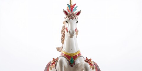 Close-up of a plastic carousel horse with feathers on its head, emphasizing maintenance and material durability, isolated on white background