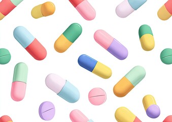 Colorful 3D capsules and tablets float randomly against a clean white backdrop, creating a pharmacy pattern