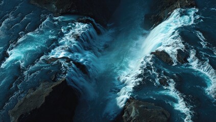 Aerial view of a rushing, cascading waterfall carving its path through dark, rocky terrain