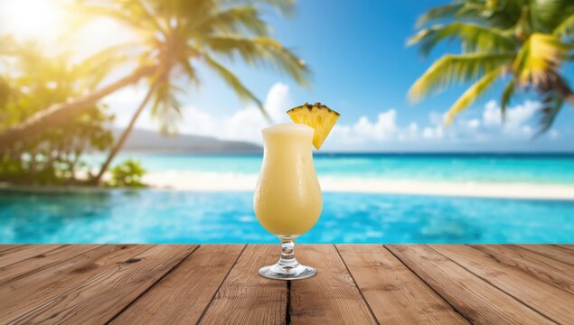 Pina colada with pineapple slices served on a wooden table, ideal for tropical beverage presentation - Powered by Adobe