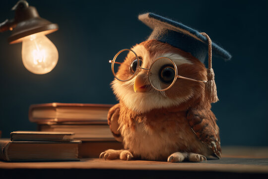 Adorable owl scholar with glasses and graduation cap under warm lamp light studying books for back to school education projects and cute animal designs